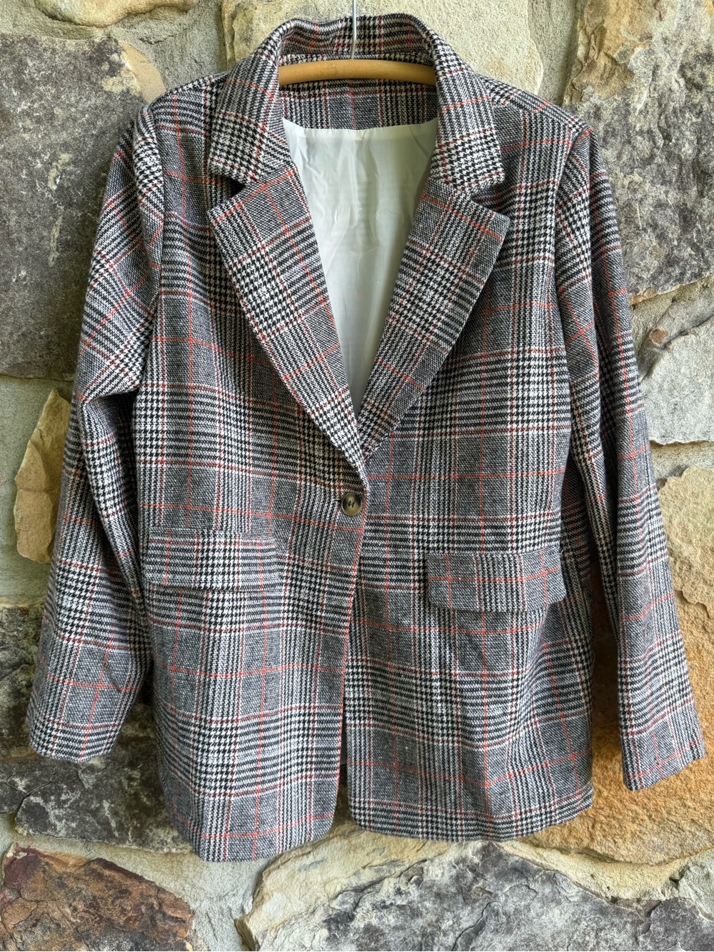 Women's Gray Plaid Single-Button Blazer with Rust Accents XL Oversized